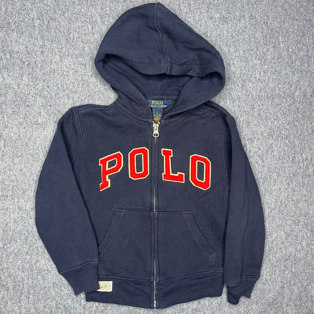 Polo Ralph Lauren Navy Blue Full Zip Fleece Hoodie Kids 4 Logo Applique Read